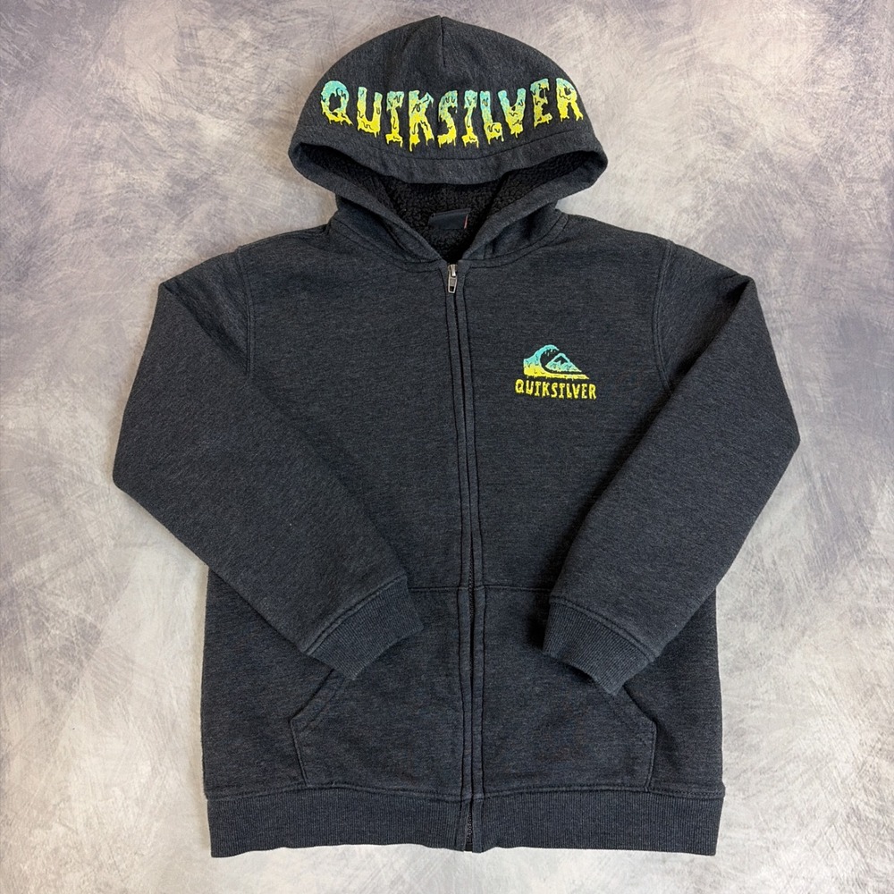 Quiksilver Zip Hoodie Boys M(10/12) Charcoal Sherpa Lined Slime Logo Graphic